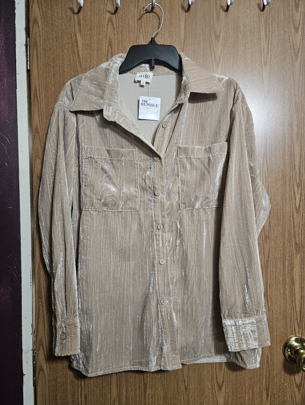Bibi Tan Velvet Button Down Shirt Jacket Oversized Hippie Size Small!